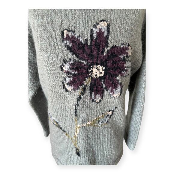 Garnet Hill Chunky Green Mohair Wool Hand Knit Sweater Floral Women's Small Cozy - Picture 5 of 9